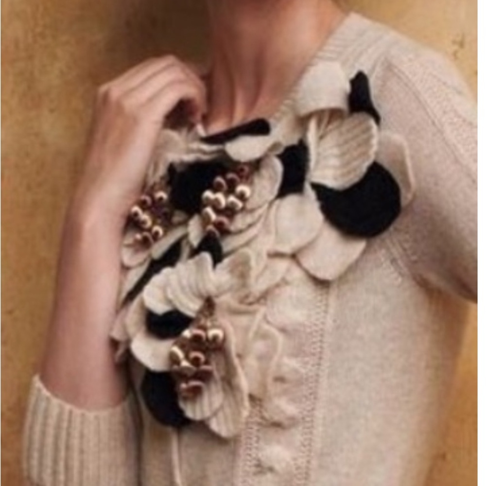 Anthropologie Beige Sweater Cardigan with Black and Gold Floral Appliqué
